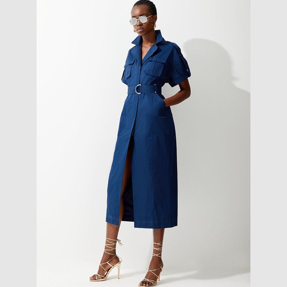 Karen Millen Cotton Sateen Short Sleeve Utility Pocket Belted Midi Dress